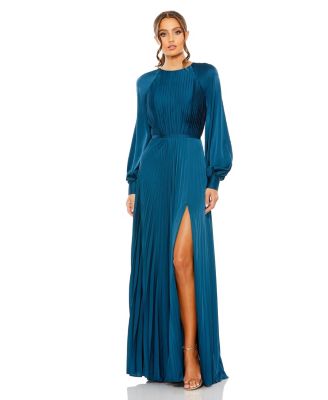 Women's Pleated High Neck Raglan Long Sleeve Side Slit Gown