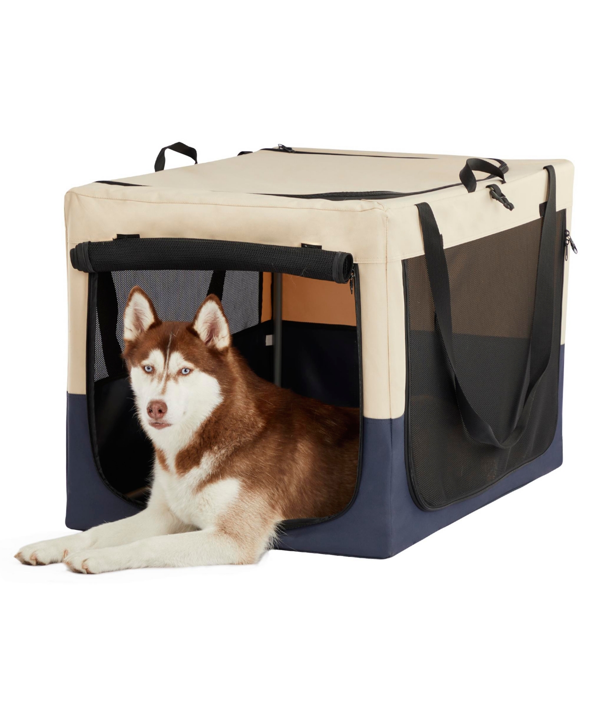 Dog Crates for Dogs, Adjustable Fabric Cover by Spiral Iron Pipe, Strengthen Sewing Dog Travel Crate 3 Door Design - White+blue