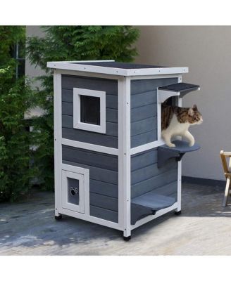 Outdoor Cat House with Escape Door, Weatherproof 2-Story Wooden Feral Cat Shelter with Opening Asphalt Roof, Dark Gray