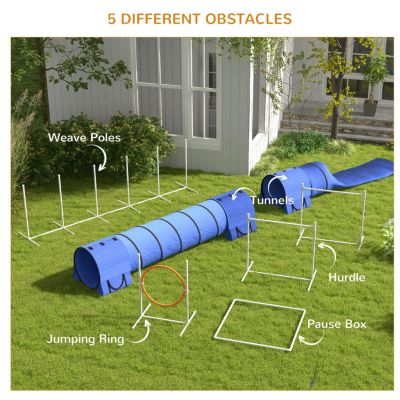 7 Piece Dog Agility Training Equipment, Dog Obstacle Course Starter Kit with Tunnels, Weave Poles, Adjustable Hurdles, Jumping Ring, Pause Box, Whistle, Blue