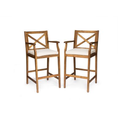 Streamdale Acacia Wood Outdoor Barstools With Water-Resistant Cushions (Set Of 2)