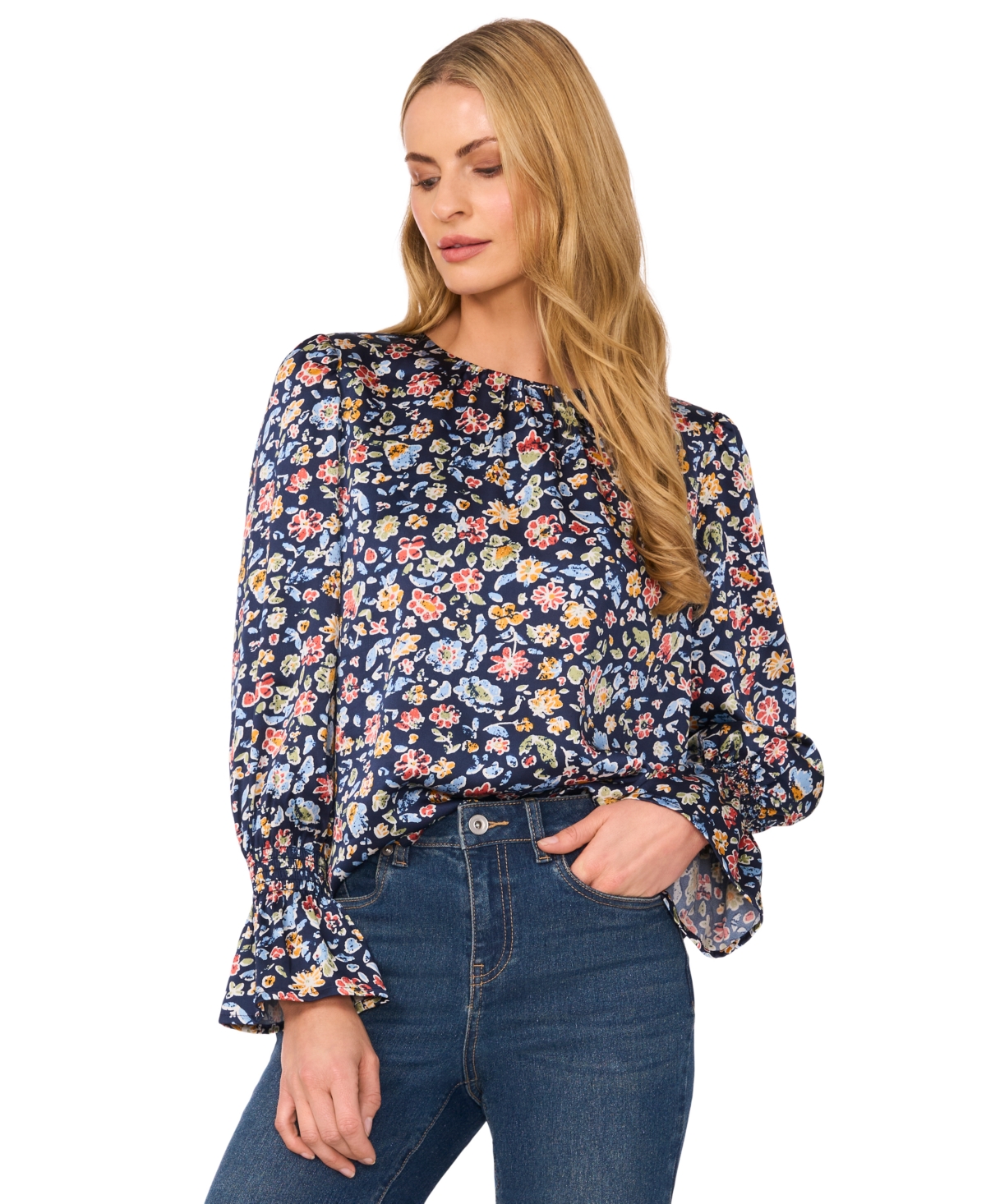 Cece Smocked Cuff Blouse In Classic Navy