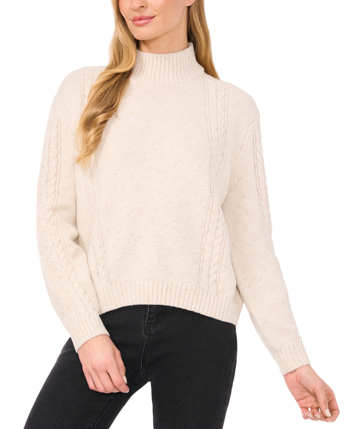 Women's Mock Neck Cable-Knit Drop-Shoulder Sweater - Birch
