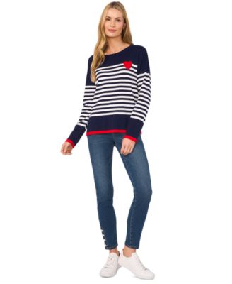 Women's Valentine's Crewneck Sailor Stripe Heart-Trim Long-Sleeve Sweater