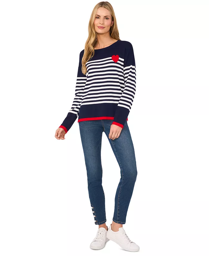 Women's Valentine's Crewneck Sailor Stripe Heart-Trim Long-Sleeve Sweater - thumbnail 4