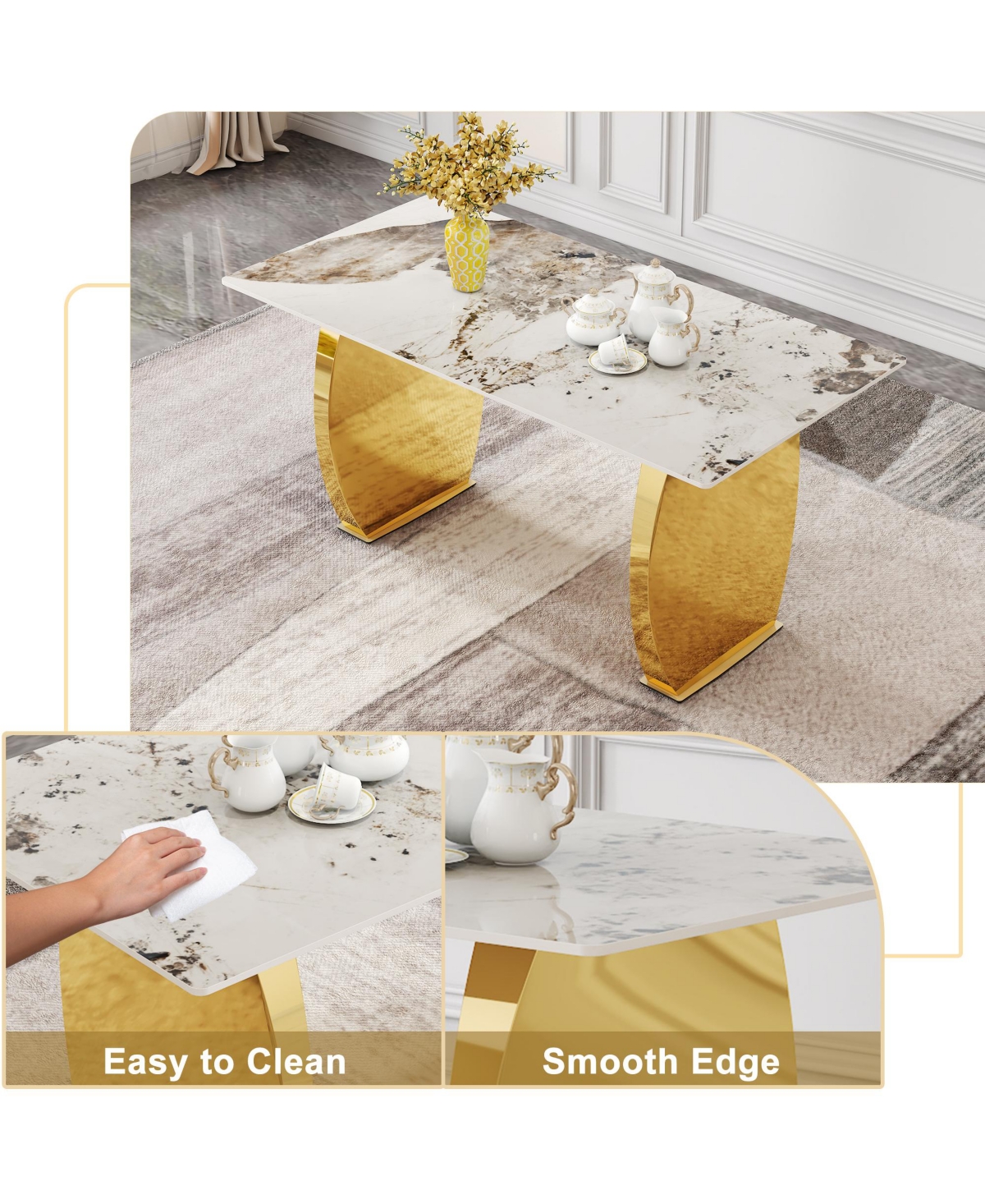 Streamdale Furniture Table and chair set, rock plate table top, gold metal table legs, stable and beautiful, suitable for most home styles. Modern sim