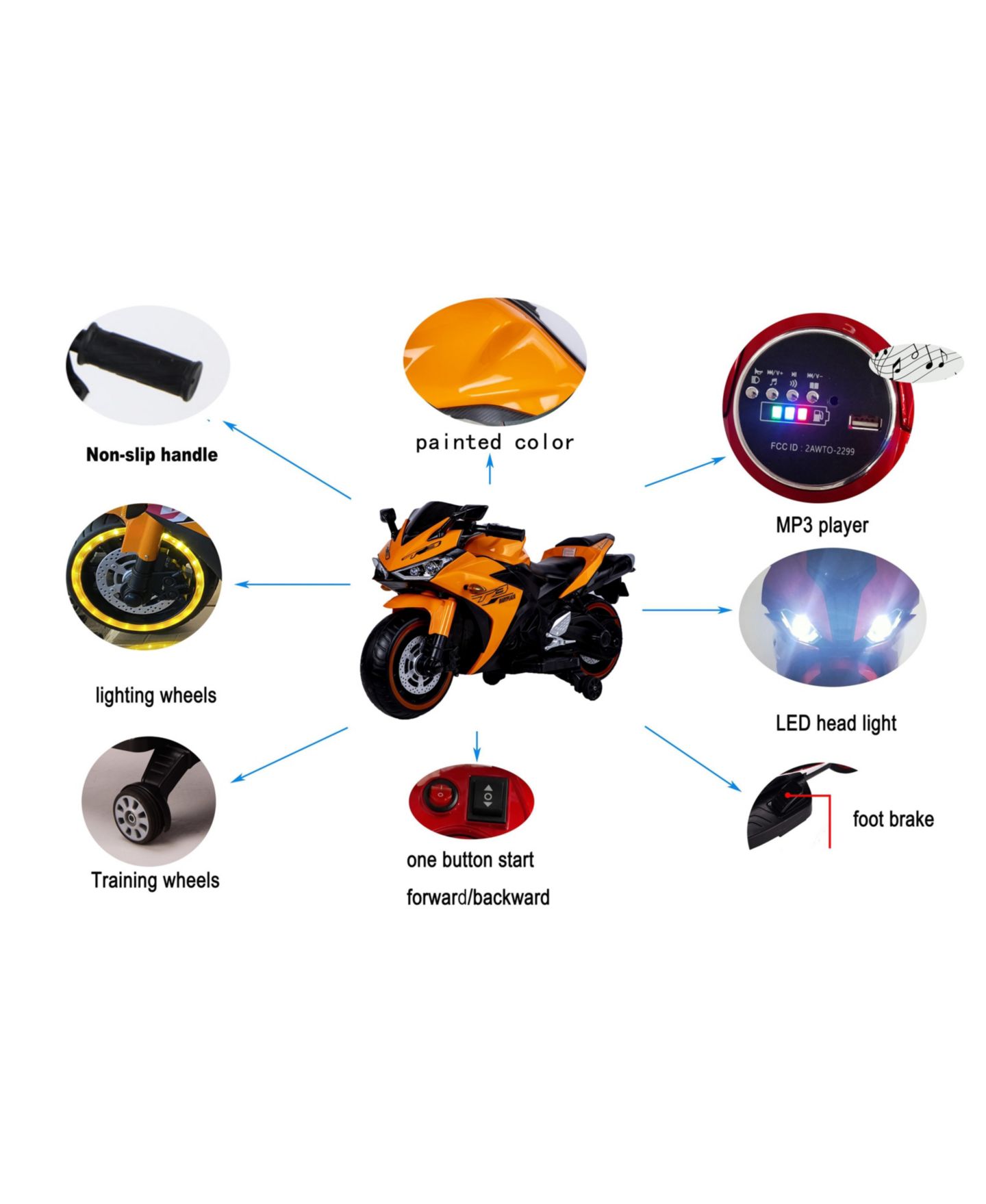 Детская игрушка Streamdale Furniture Tamco Electric Motorcycle with Training Wheels & LED Lights, Ages 3-7, цвет: Оранжевый — фото 7