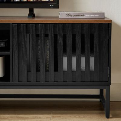 Modern TV Stand with Slatted Doors and Storage