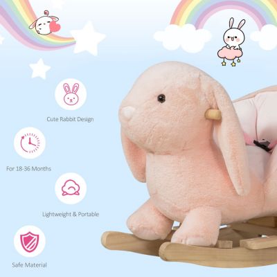 Rabbit Wooden Rocking Horse with Simulated Sound, Wooden Base, Seat Belt, Plush Stuffed Rocking Chair for Baby, Toddler, 18-36 Months, Pink