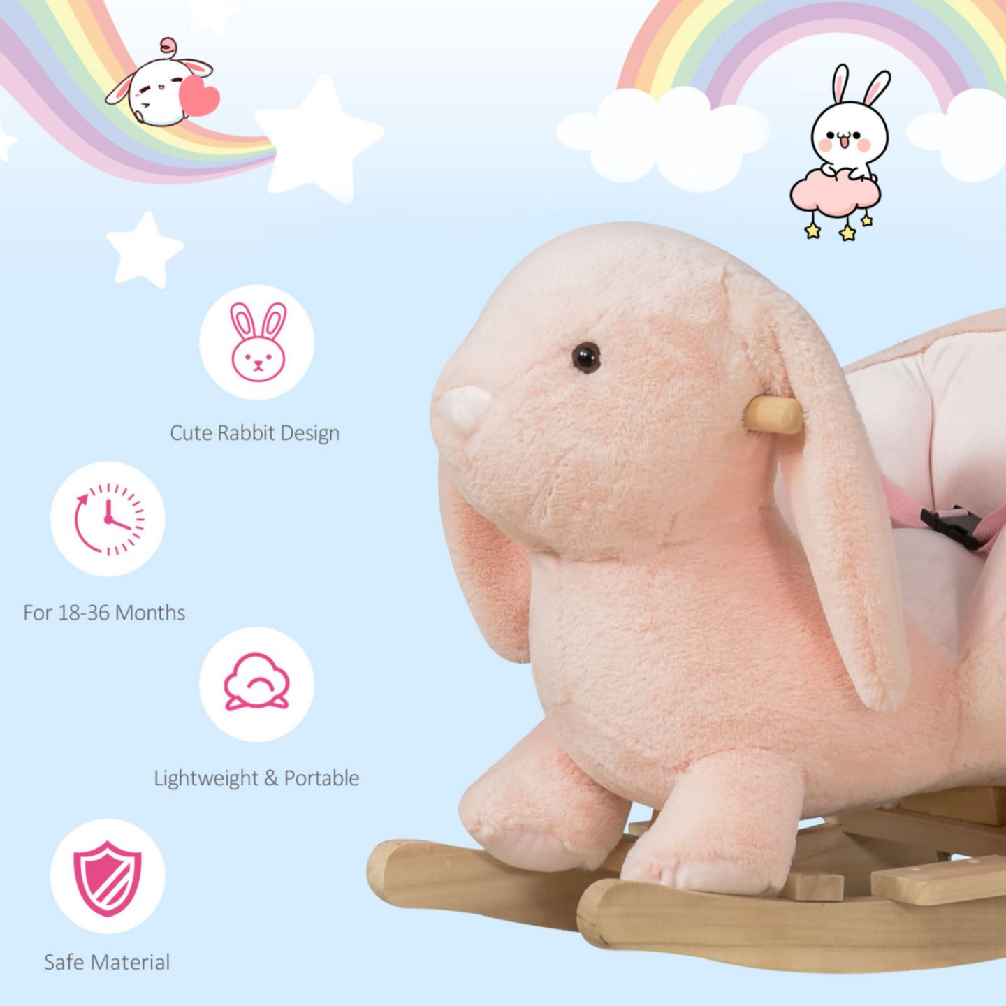 Детская игрушка Streamdale Furniture Rabbit Wooden Rocking Horse with Simulated Sound, 88 lbs Capacity, Ages 18-36 Months — фото 4