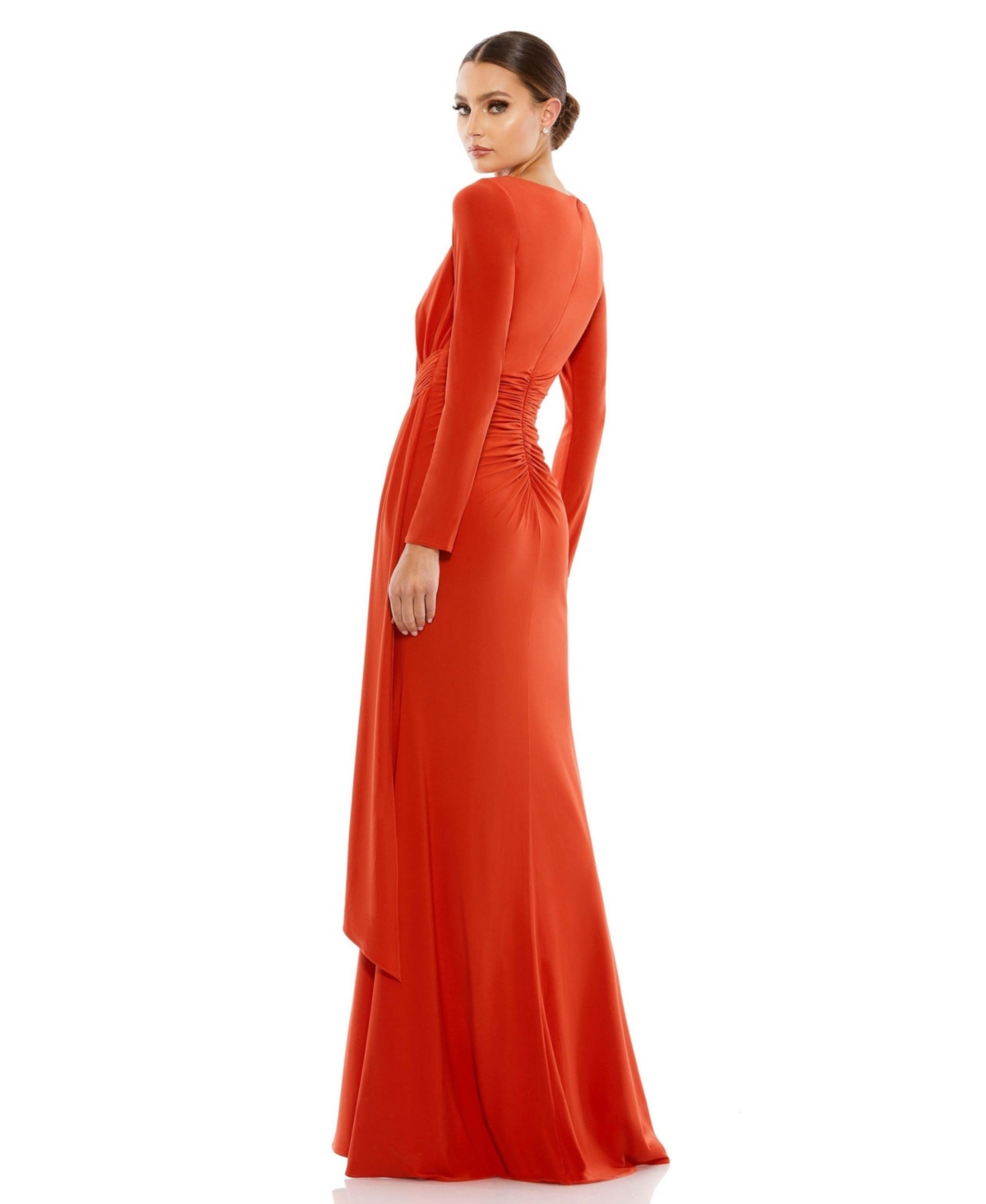 Mac Duggal Women's Ruched Long Sleeve Boat Neck Gown