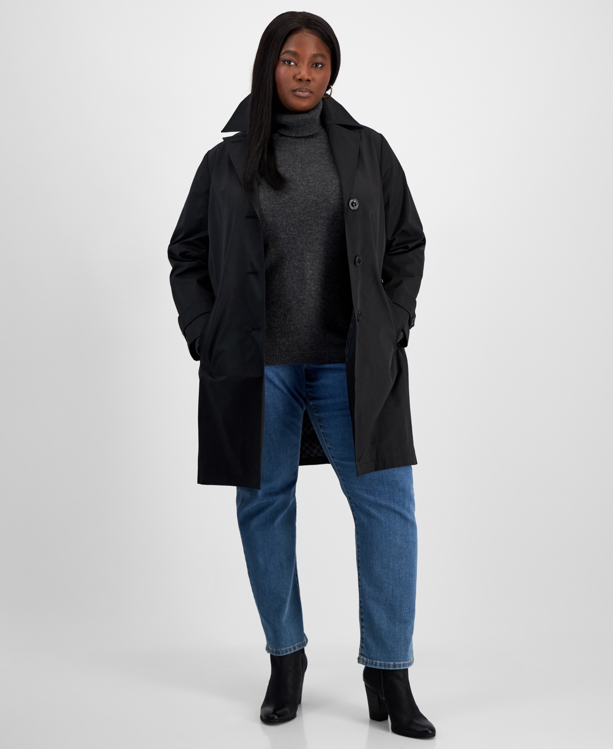 Shop Michael Kors Michael  Plus Size Notched Collar Button-front Coat, Exclusively At Macy's In Black