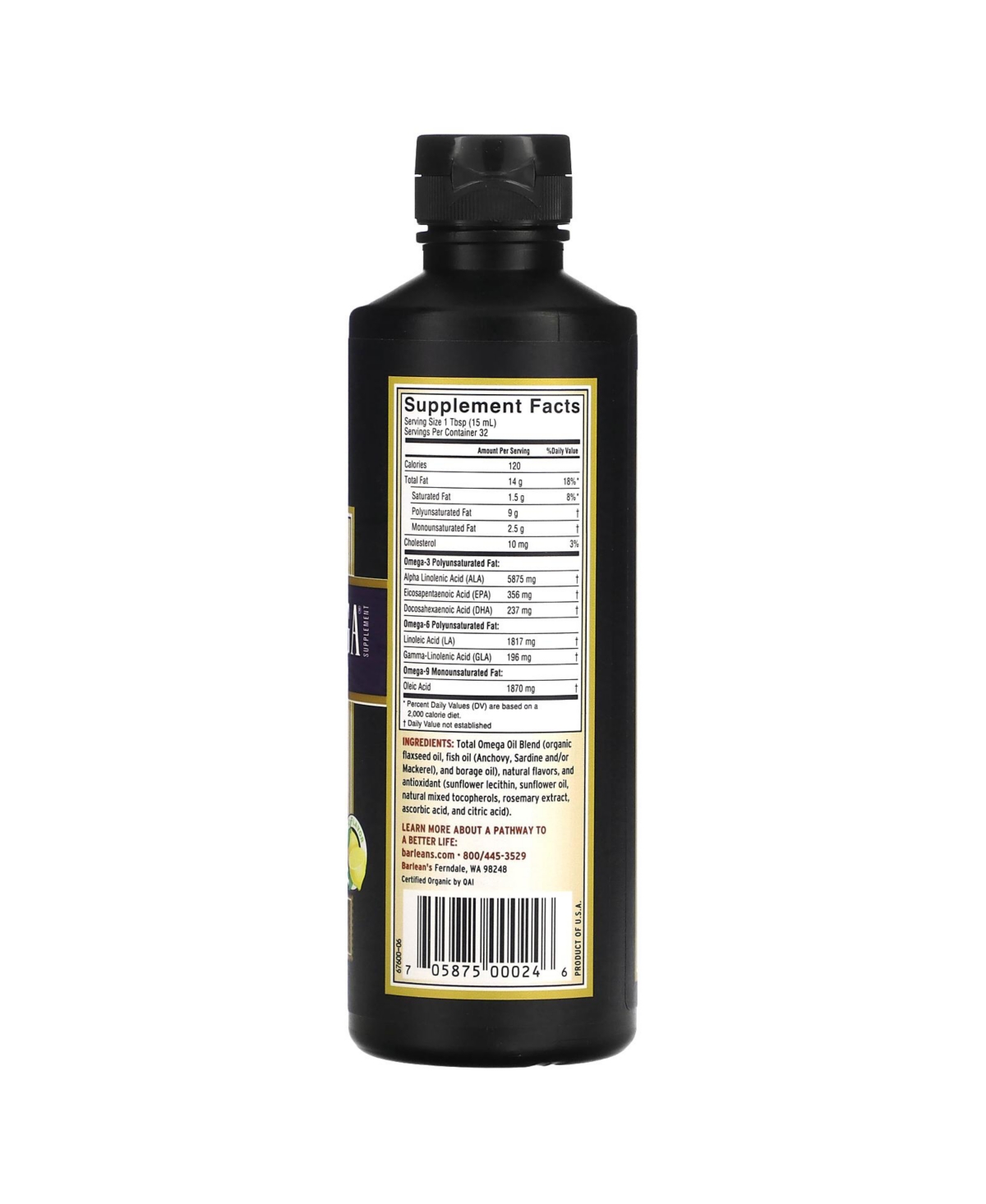 Barlean's Master Blend Total Omega Supplement 3 6 9 Lemonade - 16 fl (473 ml)