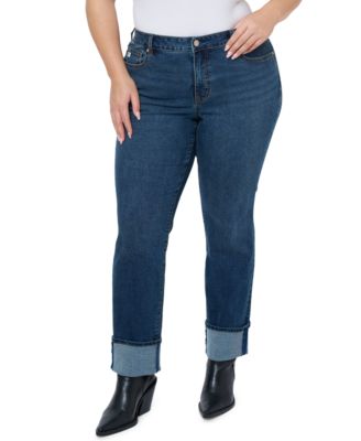 Plus Size Mid Rise Straight Leg Jeans with High Cuff 