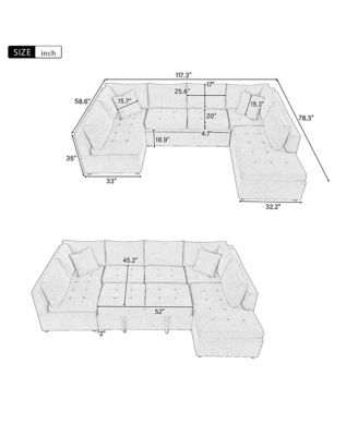 117" Oversized U-Sofa Couch Bed with Pillows