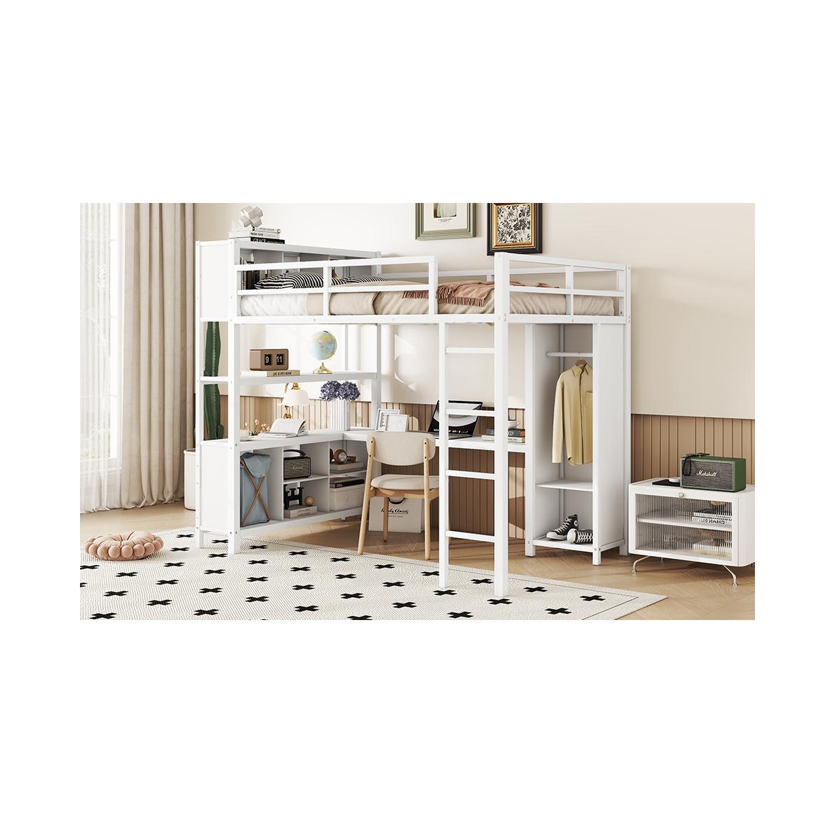 Streamdale Furniture Metal Loft Bed with Wardrobe And L-shaped Desk, Full Size Loft Bed with Storage Cubes and Shelves, Heavy Duty Loft Bed for Kids T