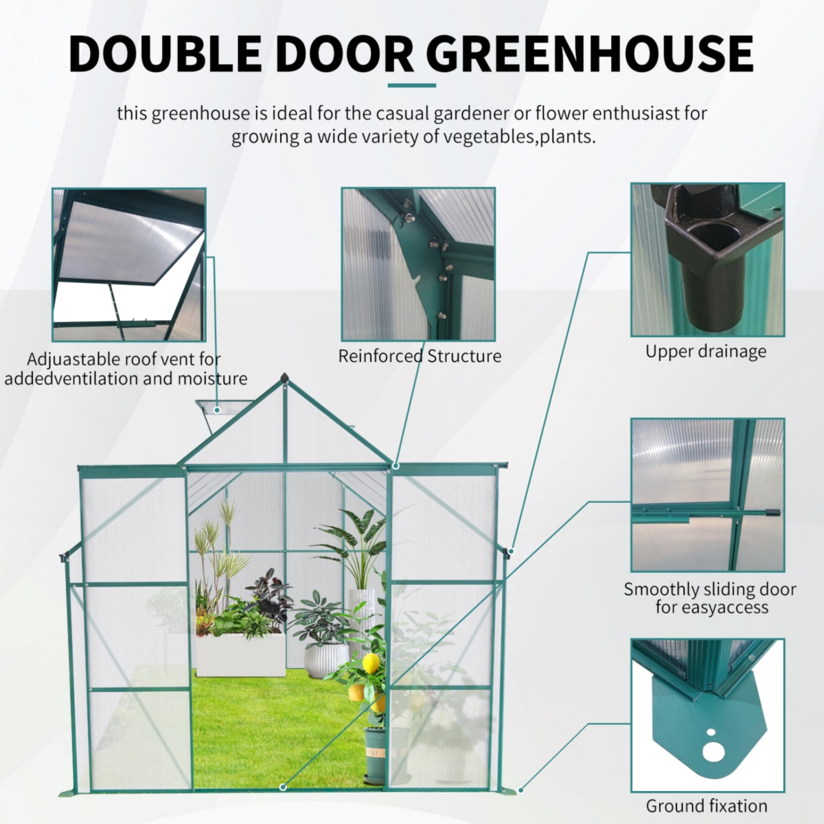 Streamdale Furniture 8x10FT Double Door Polycarbonate Greenhouse Raised Base and Anchor Aluminum Heavy Duty Walk-in Greenhouses for Outdoor Backyard i