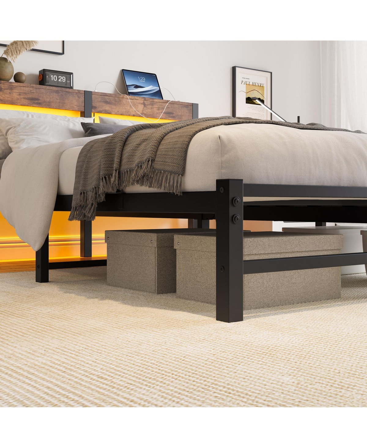 Simplie Fun Queen Size Metal Bed Frame with Wooden Headboard, Rgb Lights, Charger, Storage Shelf, Noise-Free, No Box Spring Needed, Rustic Brown
