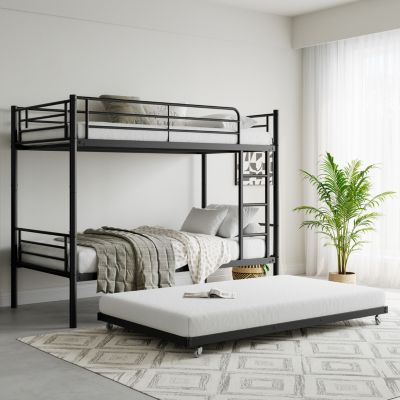 Twin Bunk Bed with Trundle, Metal, Noise Free, Black