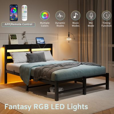 Streamdale Modern Metal Bed Frame with Lights, Outlets, Storage