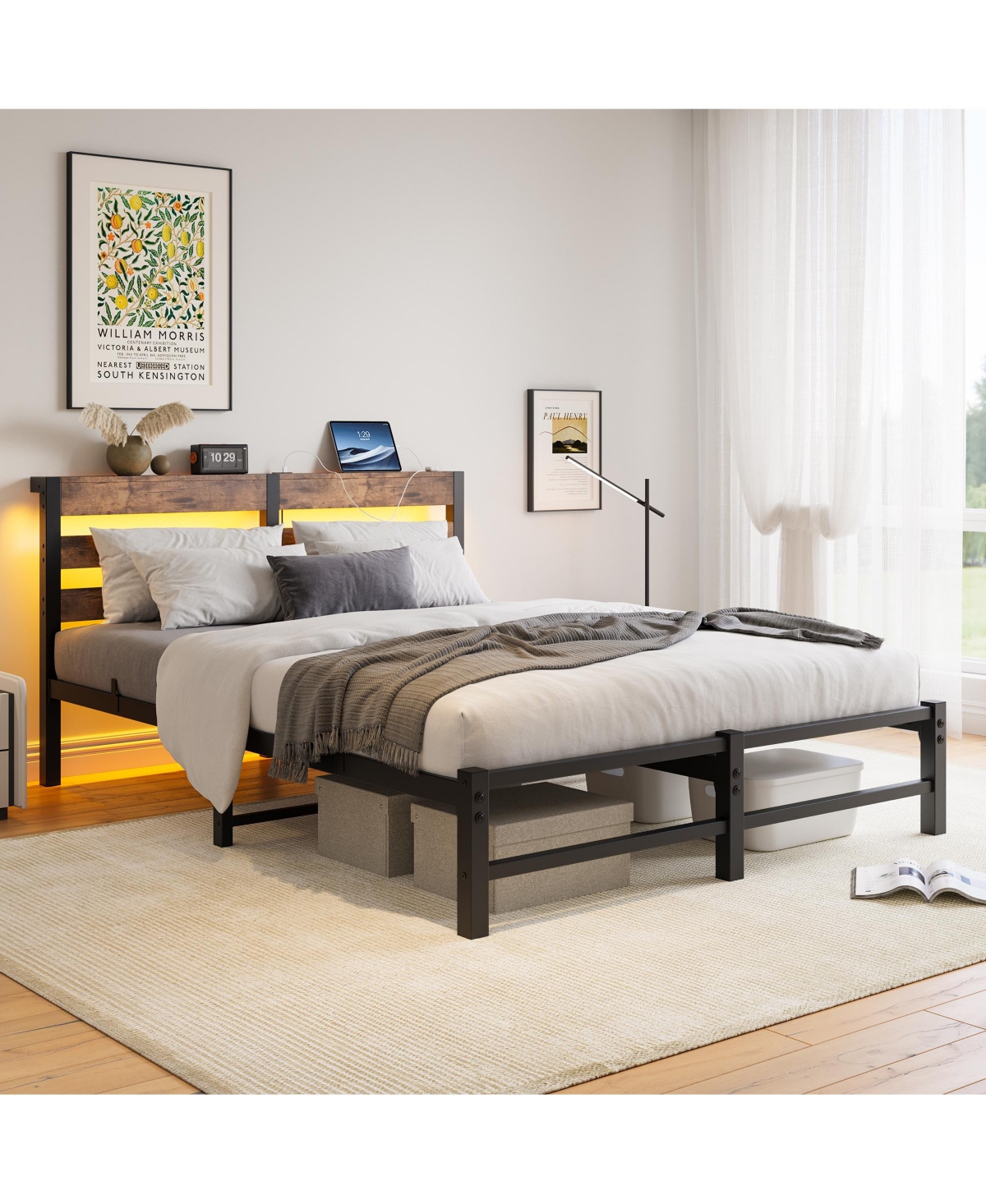 Simplie Fun Queen Size Metal Bed Frame with Wooden Headboard, Rgb Lights, Charger, Storage Shelf, Noise-Free, No Box Spring Needed, Rustic Brown