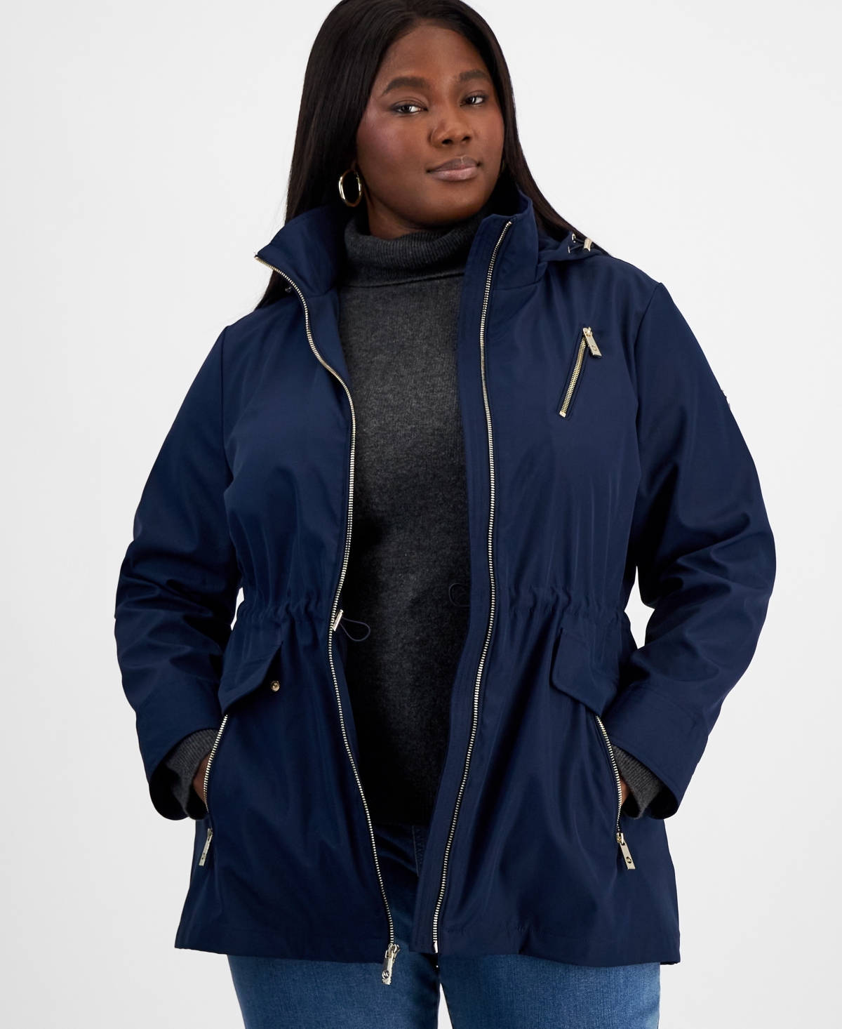 Michael Kors Michael  Plus Size Hooded Water-resistant Anorak Coat In Midnight