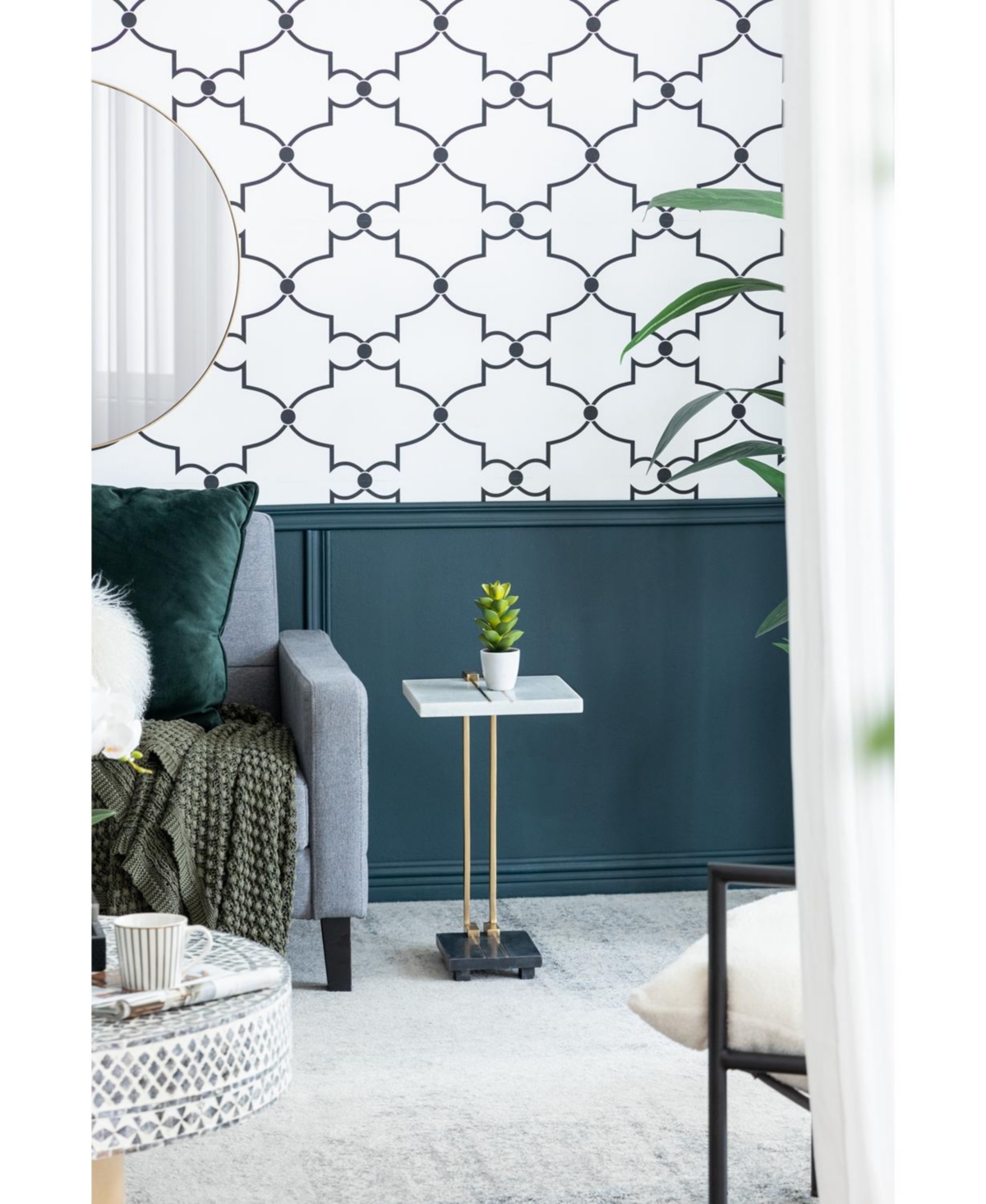 Streamdale Furniture 12.5x12x22" Aluminum and Marble C-Shaped Side Table, White/Gold/Black, Artistic Accent Table for Living Room Entryway Bedroom