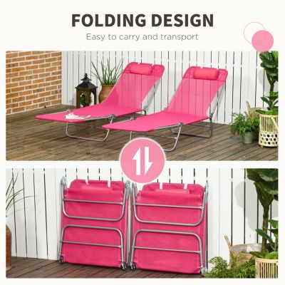 2 Piece Folding Chaise Lounge Chairs, Pool Sun Tanning Chairs, Outdoor Lounge Chairs with 6-Position Reclining Back, Breathable Mesh Seat, Headrest for Beach, Yard, Patio, Pink