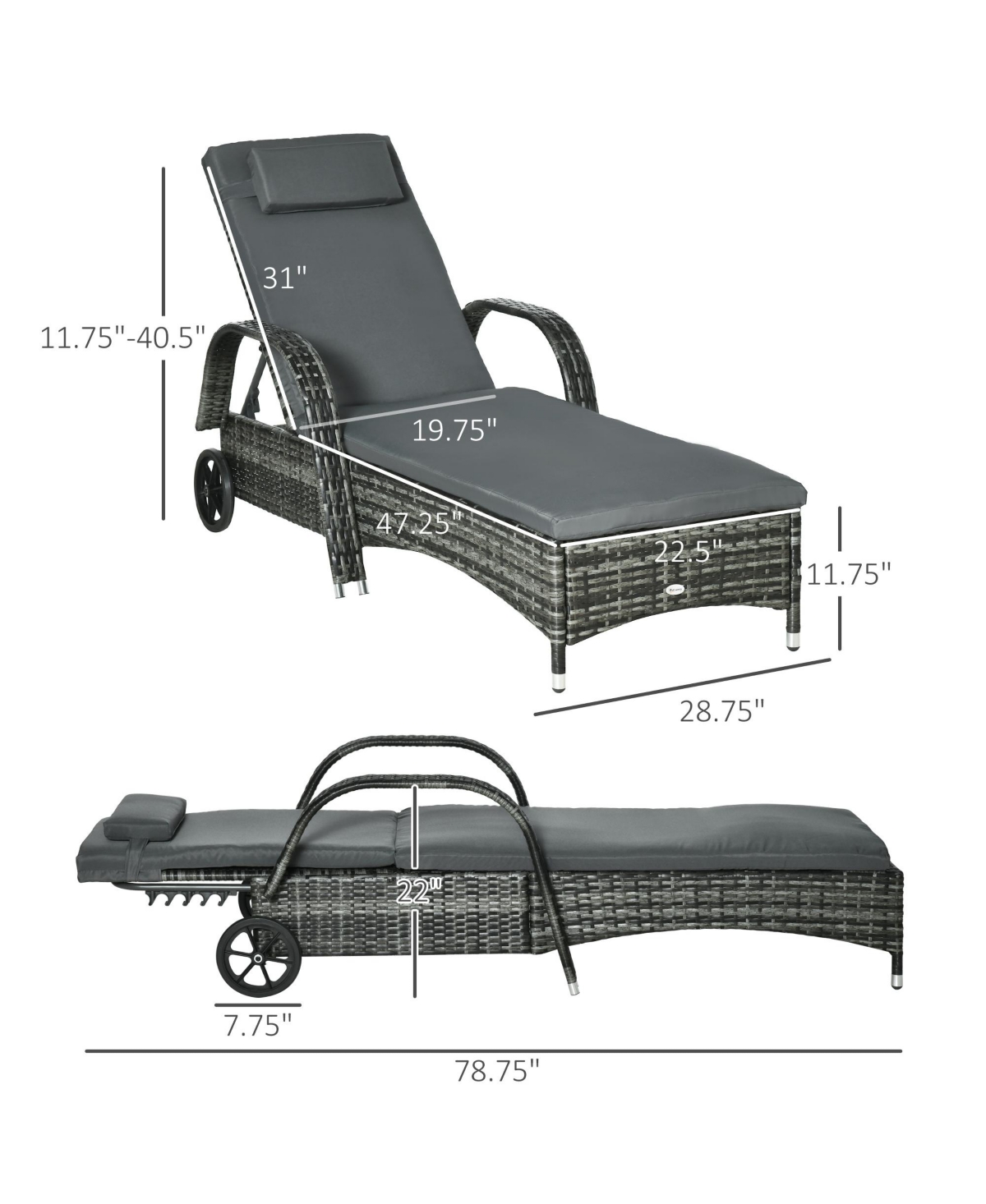 Streamdale Furniture Wicker Outdoor Chaise Lounge, 5-Level Adjustable Backrest Pe Rattan Pool Lounge Chair with Wheels, Cushion & Headrest, Mixed