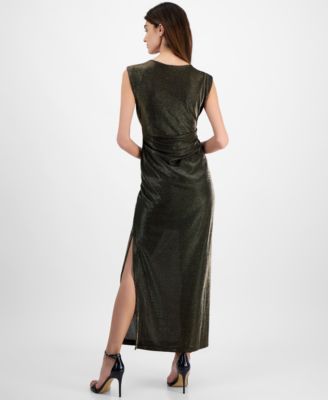 Petite Cowlneck Metallic-Threaded Evening Gown