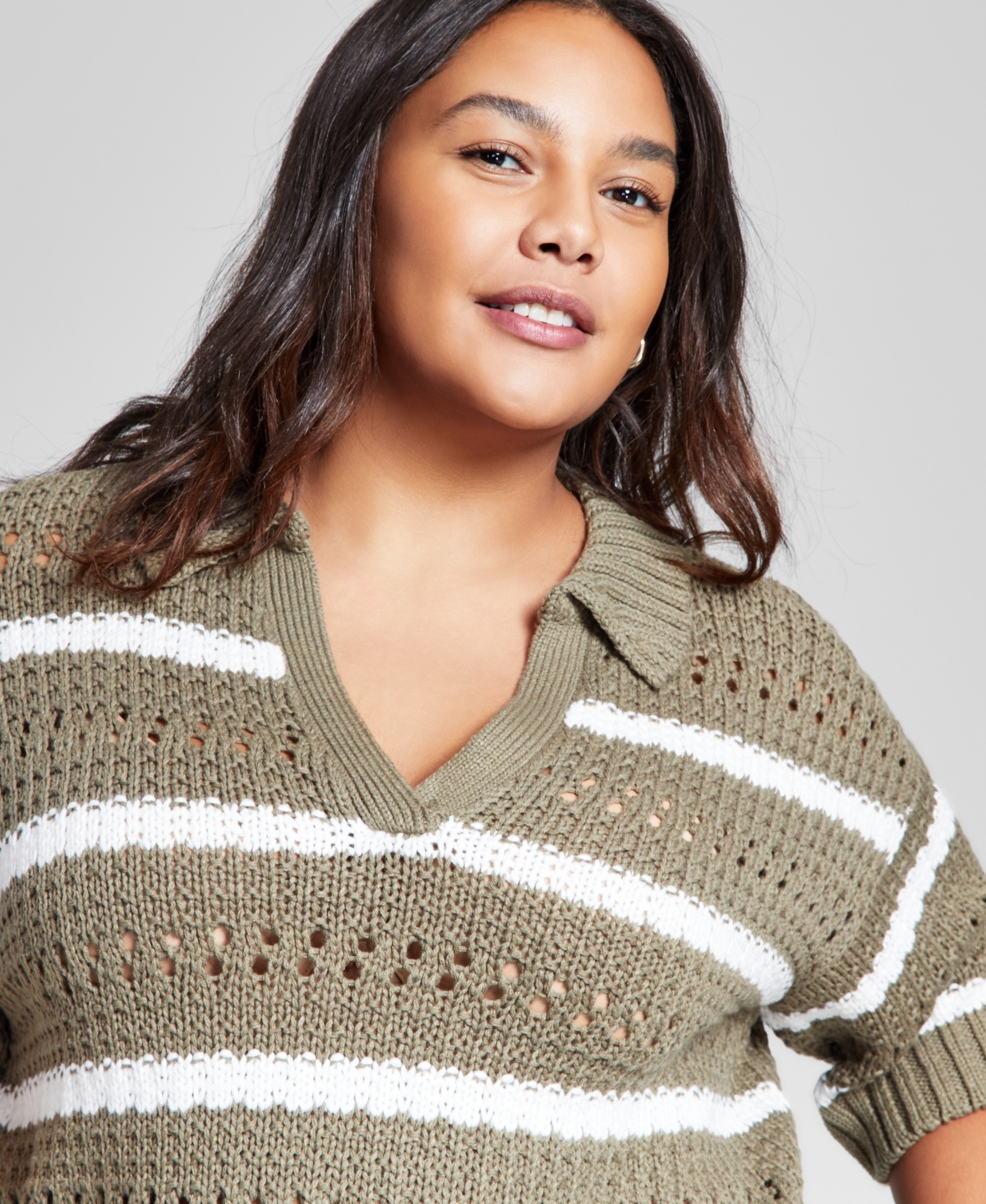 And Now This Plus Size Striped Polo Sweater, Created For Macy's In Crushed Oregano