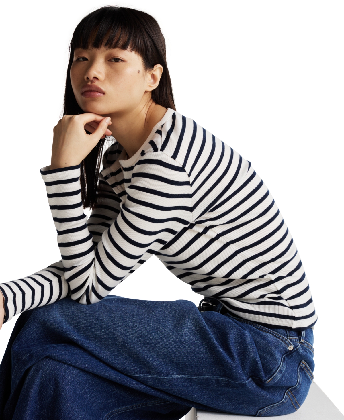 Tommy Jeans Women's Slim Long-Sleeve Henley Top -white Stripe