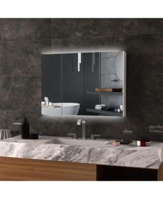 Lighted Medicine Cabinet with Mirror, 26" x 36" Wall Mounted Bathroom Mirror with Storage, 3-Color Bathroom Wall Cabinet with USB Charge, Adjustable Shelf, High Gloss White