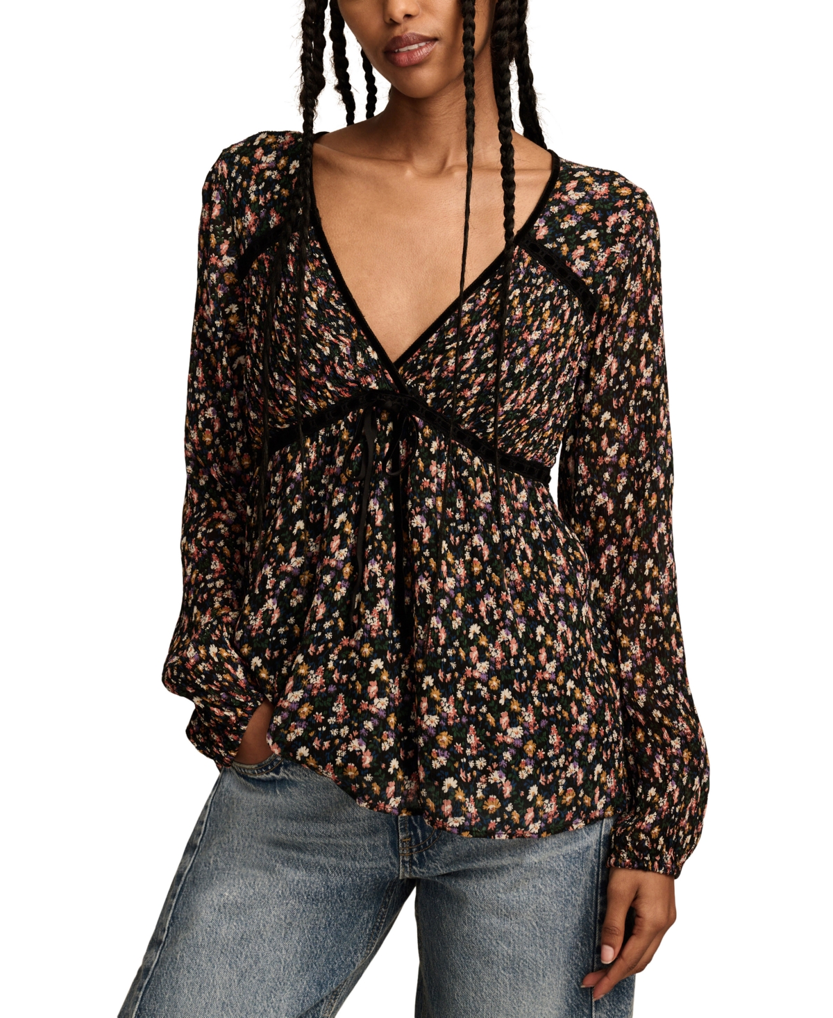 Lucky Brand Women's Printed Ruffle-Bodice V-Neck Top
