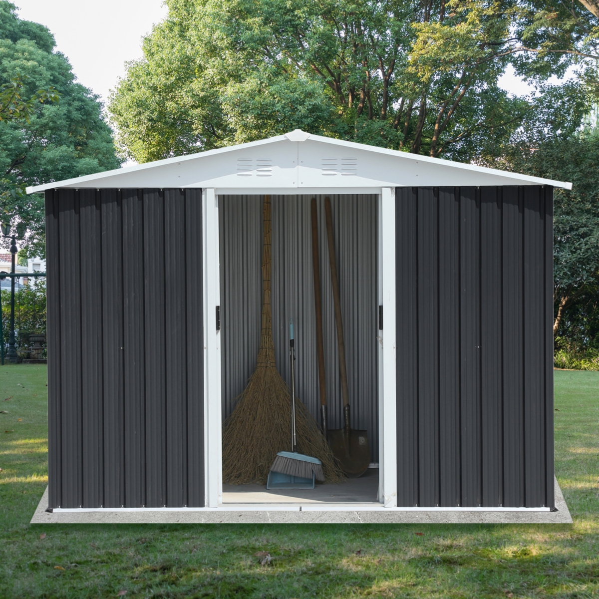 Outdoor Storage Garden Bike Shed 8x6 Feet Apex Roof Dark Grey With Aluminum alloy frame and sliding door