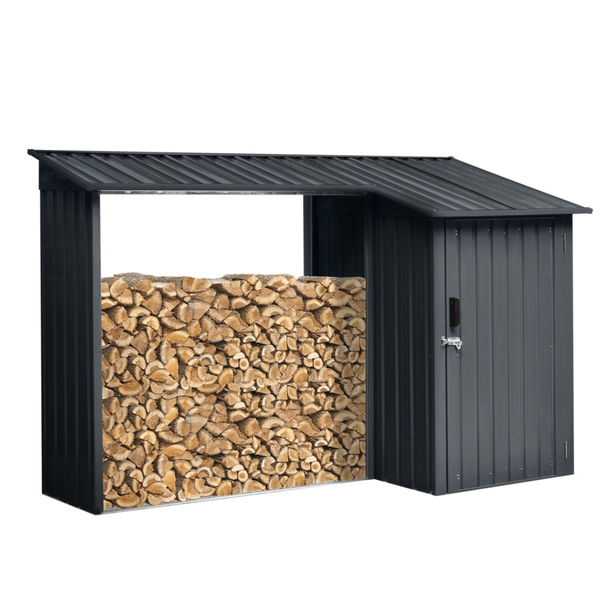 Streamdale Furniture Outdoor Steel Firewood Rack and Metal Storage Shed, Two-In-One,- Black