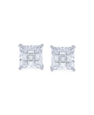 Invisible Cut Square CZ Checkboard Cubic Zirconia Prong Basket Set Stud Earrings .925 Sterling Silver