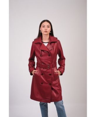 Women's Leather Trench Coat, Burgundy, Created for Macy's