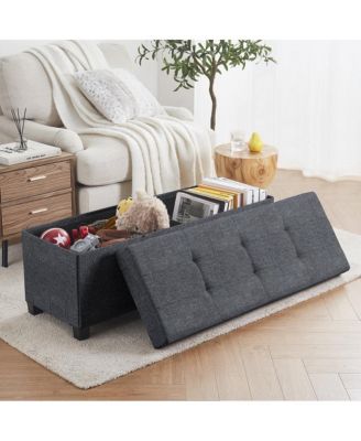 Foldable Tufted 43 Inch Long Linen Bench Storage Ottoman with Legs