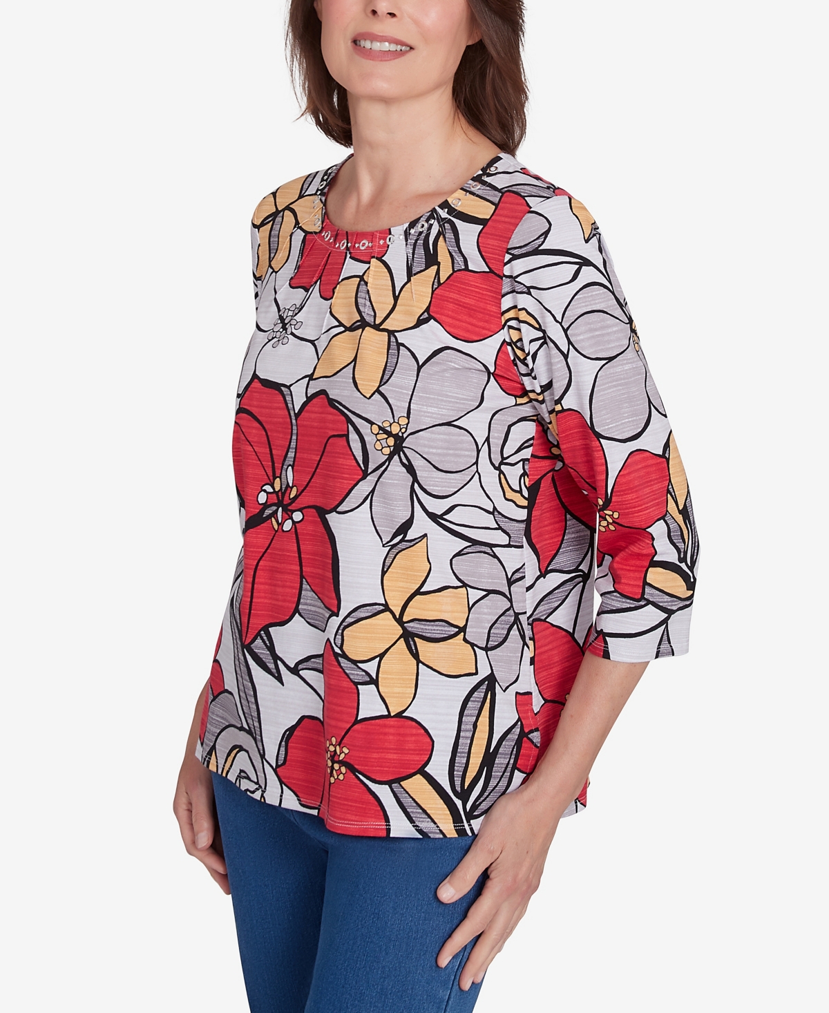 Alfred Dunner Petite Key Items Bold Floral Print Three Quarter Sleeve Tee In Multi