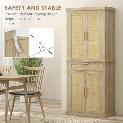 72" Tall Pantry Cabinet with Rattan Decorated Panel, Freestanding Boho Kitchen Storage Cabinet with 4 Doors, Drawer, 5-Tier Shelf and Adjustable Shelves, Oak