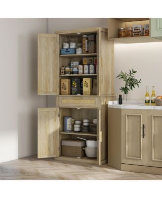72" Tall Pantry Cabinet with Rattan Decorated Panel, Freestanding Boho Kitchen Storage Cabinet with 4 Doors, Drawer, 5-Tier Shelf and Adjustable Shelves, Oak