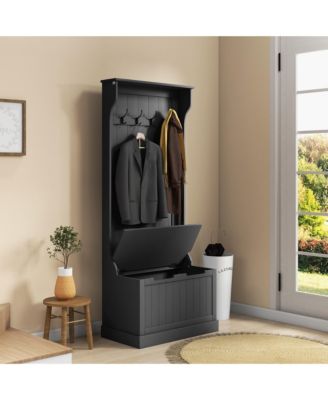 28" 3-In-1 Entryway Hall Tree with Storage Bench, Coat Rack with Four Hooks and Shoe Storage, Black