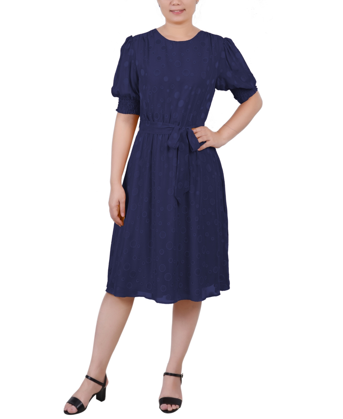 Ny Collection Women's Elbow Sleeve Swiss Dot Dress In Navy