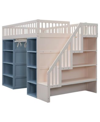  Full Size Loft Bed with 2 Four-layer Storage Cabinets and Curtain