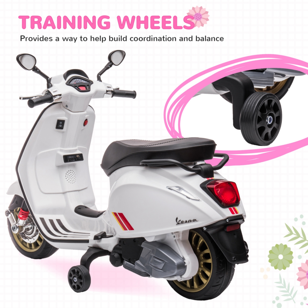 Streamdale Furniture Vespa Licensed Electric Motorcycle for Kids, 6V Toddler Motorcycle, Battery-Operated Motorbike for Kids with Music, Fm Radio, Hea