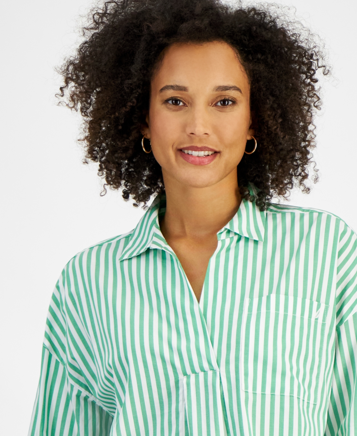 Nautica Jeans Women's Port Stripe Cotton Collared Blouse In Fern,white