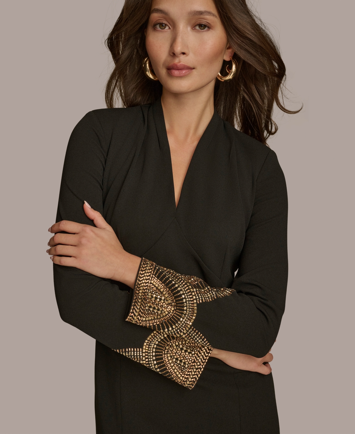 Donna Karan New York Women's V-Neck Embellished-Cuff Dress -Gold