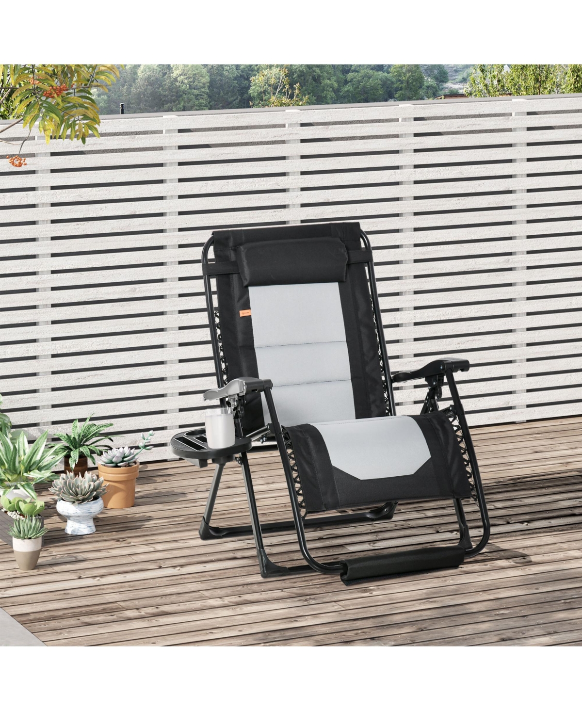 Streamdale Furniture Foldable Outdoor Lounge Chair with Footrest, Oversized Padded Zero Gravity Lounge Chair with Headrest, Side Tray, Cup Holders, Ar