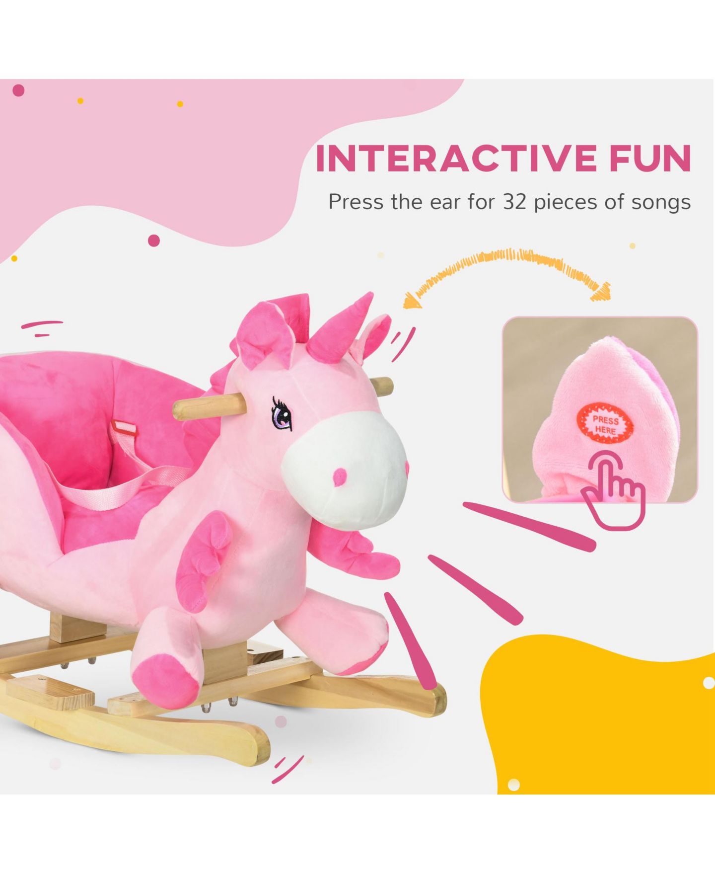 Детские мягкие игрушки Streamdale Furniture Plush Rocking Unicorn with 32 Songs and Safety Belt, Supports 66 lbs., Ages 18-36 Months — фото 3